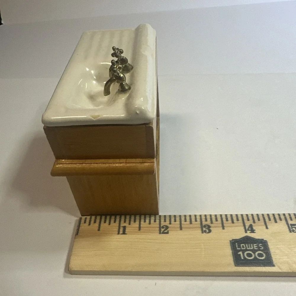 Vintage Dollhouse Miniature Doll Furniture Porcelain Sink with Wood Cabinet 4x2